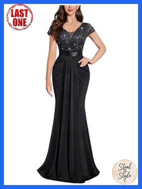 Lace Sequin Pleated V-Neck Evening Formal Maxi Dress
